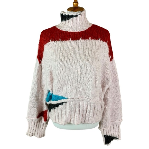 Zara Chunky Knit Turtleneck Sweater Large Abstract Colorblock Wool Blend - Picture 2 of 7